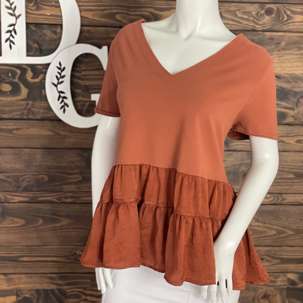 Terra & Sky | Satin‎ Ruffle Tiered Blouse Mixed Media V-Neck Top Rust